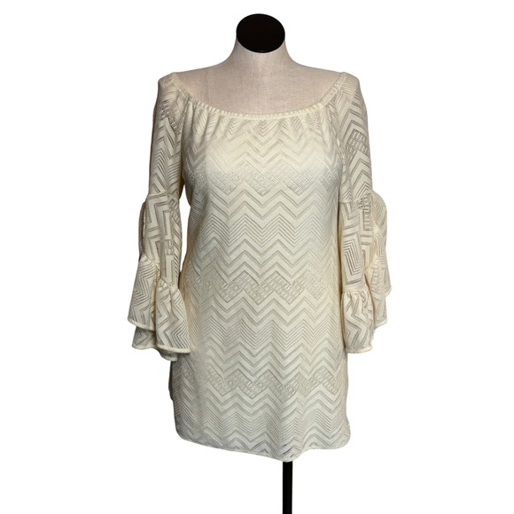 Rachel Kate Dresses & Skirts - Rachel Kate Cream Chevron Lace Bell Sleeve Off The Shoulder Mini Dress L